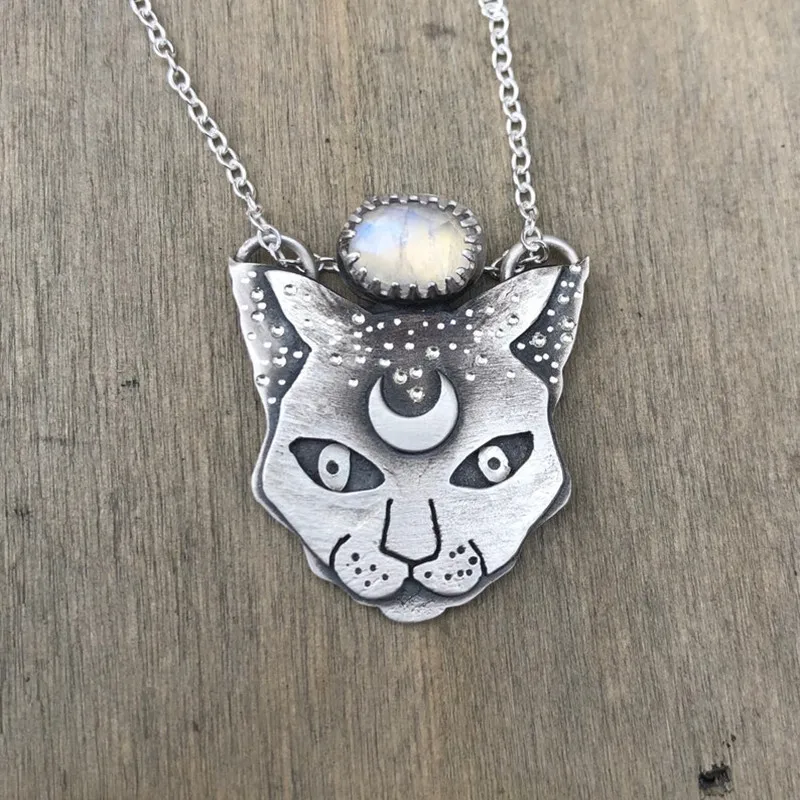 

Celestial Silver Color Women Men Cat Pendant Necklaces Moonstone Necklace Magic Witchy Jewelry Gifts Dropshipping