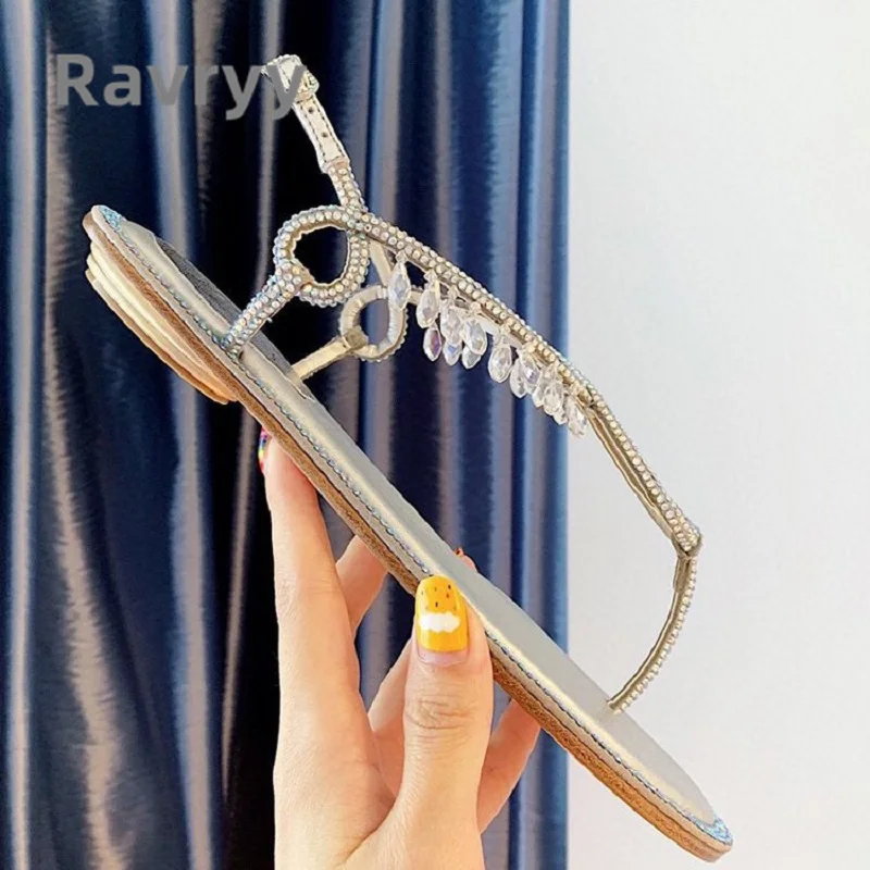 2023 Summer New Genuine Leather Sandals Shallow Mouth Crystal Flat Bottom Buckle Sandals Versatile Herringbone Women's Shoes