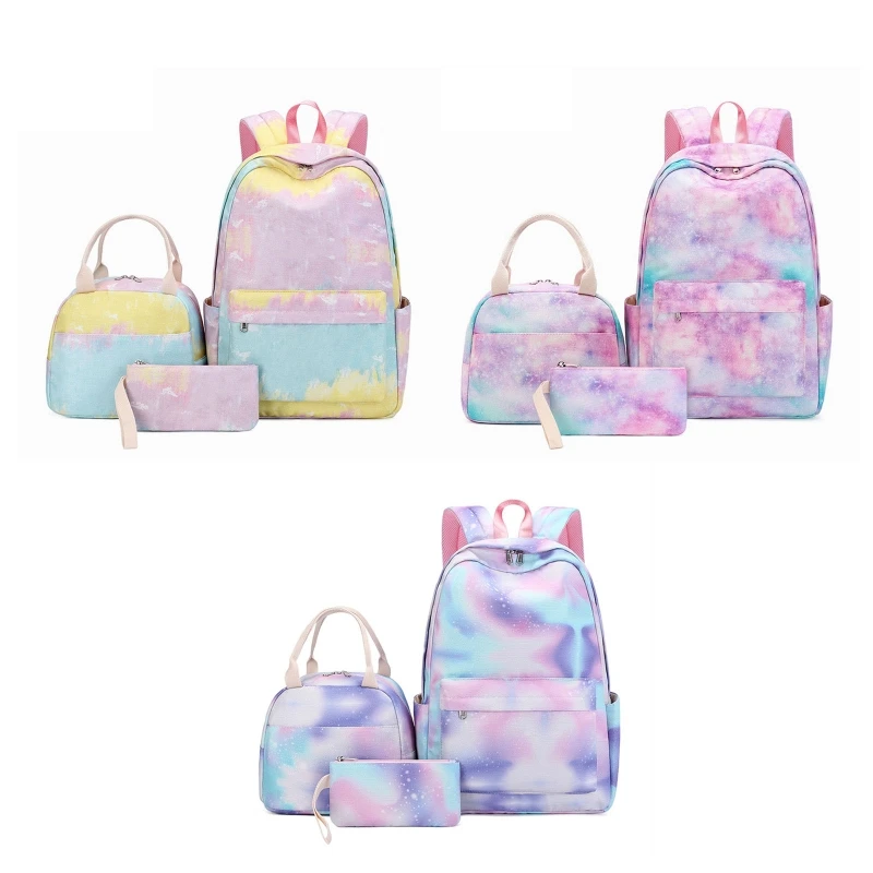 

Multi-Pocket School Backpack with Lunch Tote Pencil Bag for Student Boys Girls Tie Dye Casual Laptop Bookbag