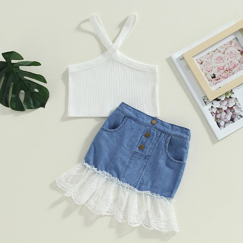 

3-8Y Kids Girl Two Piece Outfit Sleeveless Camisole Tops Lace Hem Elastic Denim Skirt Set Fashion Girls Children's Sets