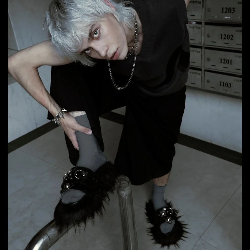 Sinking SINKing | Net Series Faux Fur Black Sliders Black Punk Fur Slippers