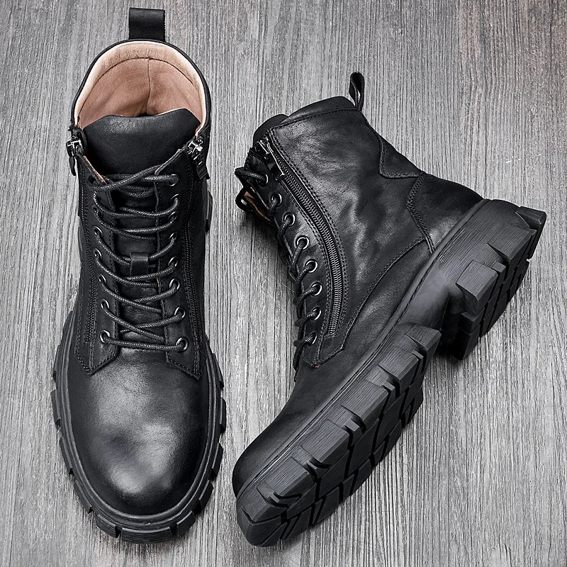 

Autumn leather motorcycle Martin boots men's British retro high-top tooling boots men's all-match zipper middle leather boots