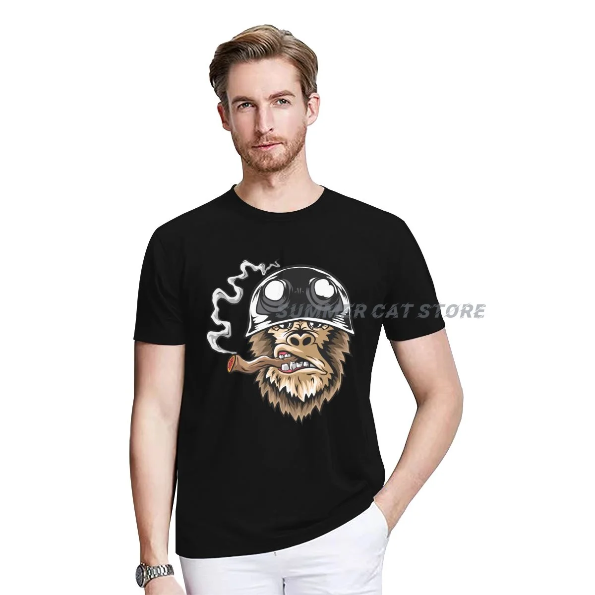 

Summer T-shirt Men Women Cotton Orangutan With Helmet Smoking O-neck Short-sleeved unisex Casual T-shirt