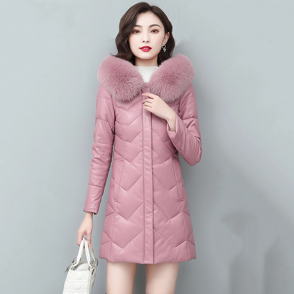 New Women Leather Down Coat Elegant Fashion Hooded Real Fox Fur Collar Medium Long Slim Sheepskin White Duck Down Outerwear