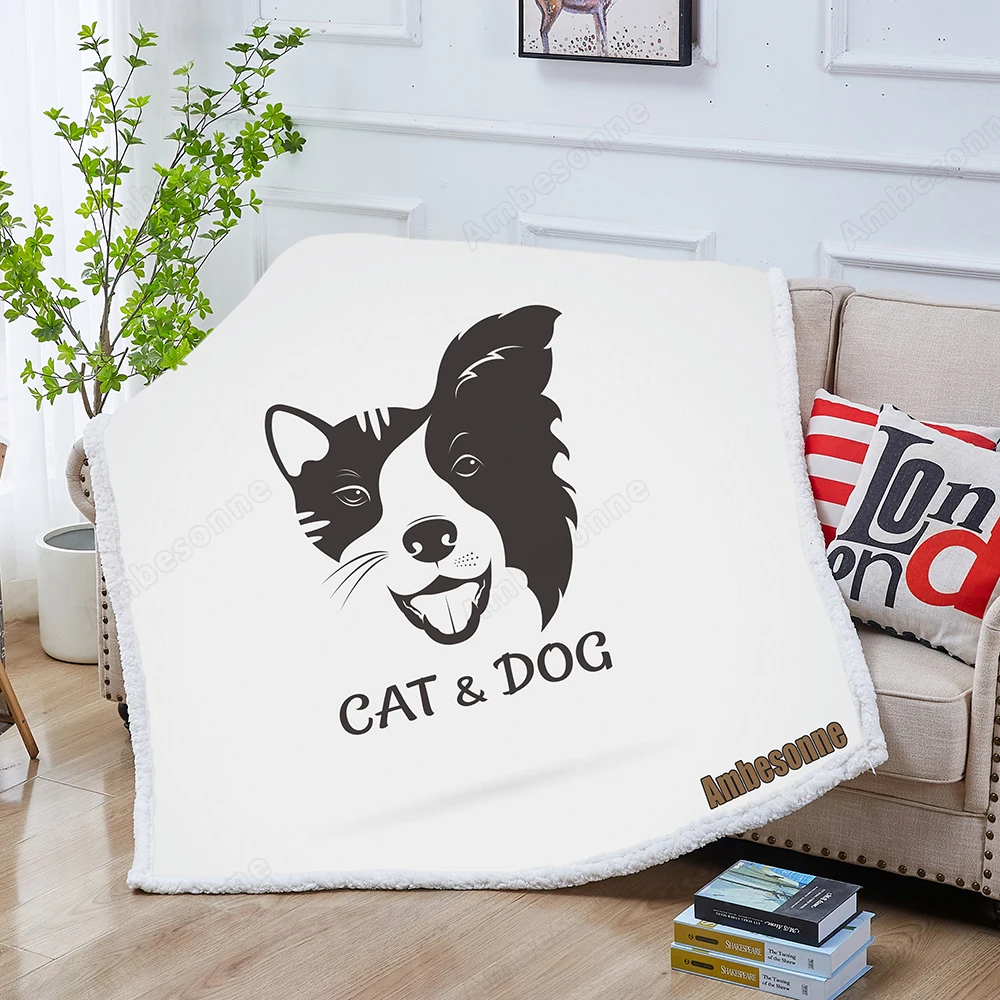 

Vector of dog face (Border collie) and cat face Velvet Plush Throw Blanket Bedspread For Kids Girls Sherpa Blanket Travel Couch