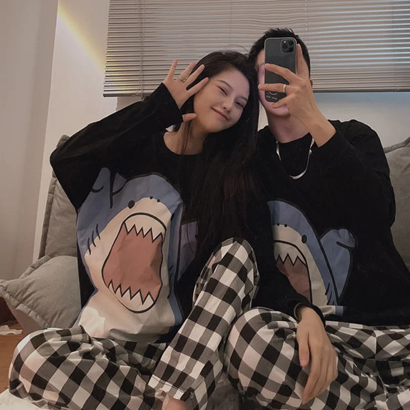 

QWEEK Cute Shark Print Women's Pajamas Autumn Couple Plaid Sleepwear Black Pijama Kawaii Long Sleeve Pyjamas Loungewear Suit Pjs