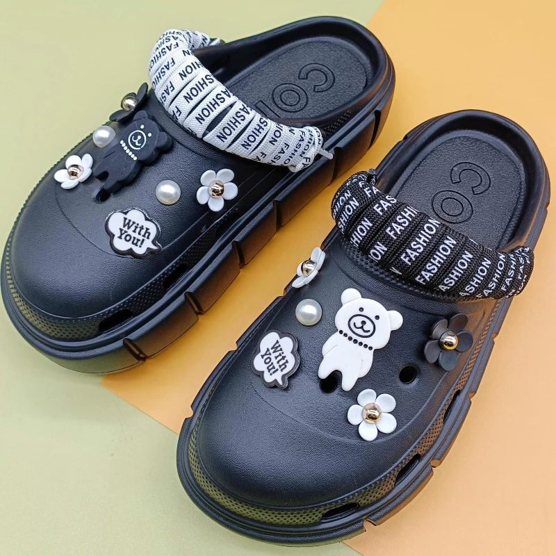 

Flower Pearls Cartoon Bear Decor Vented Clogs 6.5 CM Platform Slides Women Shoes Outdoor Beach Sandals Summer for Girls Slippers