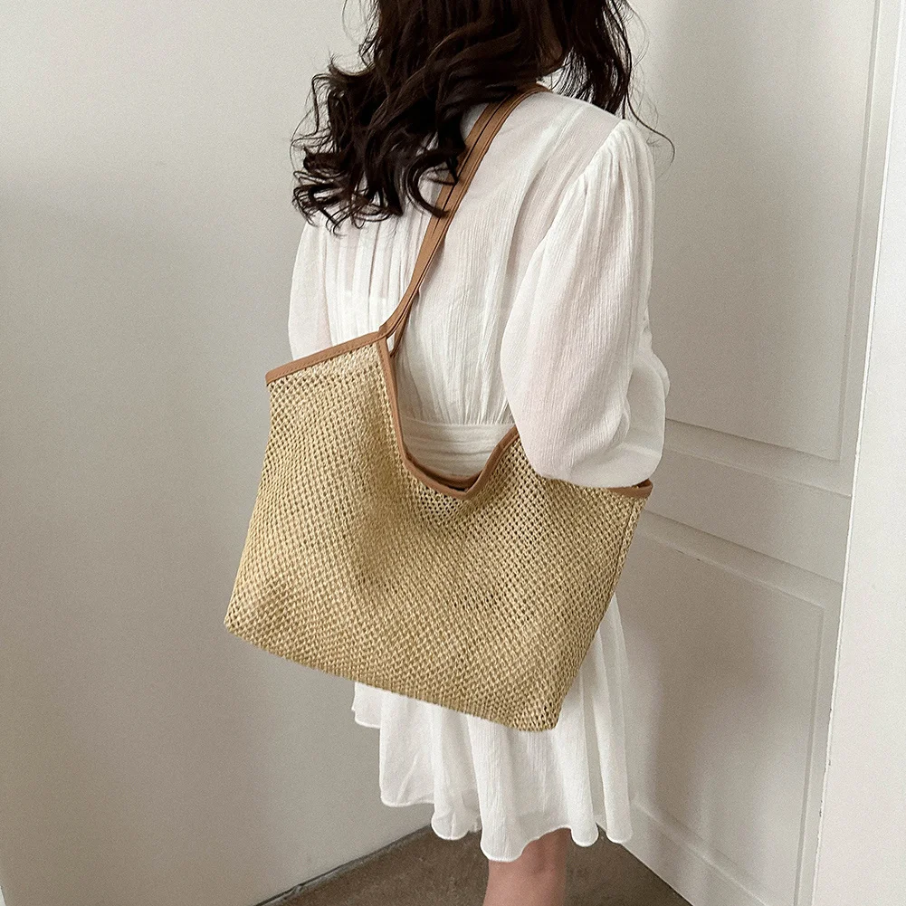 

Summer Straw Woven Ladies Handbags Hollow Large Capacity Shoulder Bag Solid color Lightweight Beach Tote Bag Leather Strap