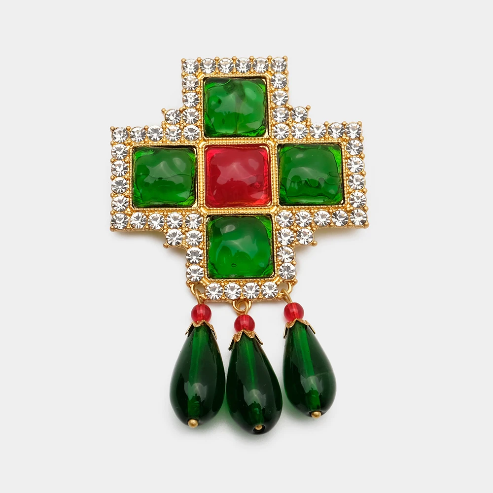 JBJD Vinage Jewelry Rhinestone Stylized Cross Glass Drop Brooch Emerald Color Brooch Gift
