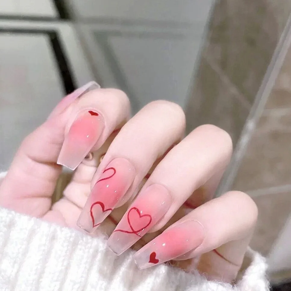 

24Pcs Heart Pattern Wearing Long Coffin False Nails Pink Ballerina Acrylic Fake Nails Art Full Cover Wearing Press on Nail Tips