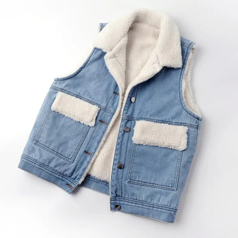 

Autumn and winter women's loose Korean lamb wool velvet thick denim vest cotton waistcoat vest Winter Solid Casual