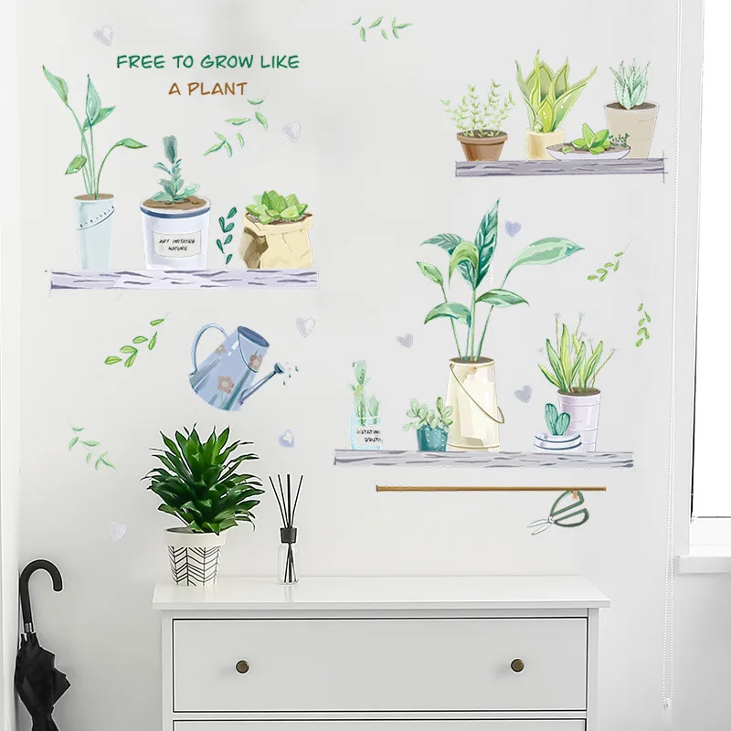 

Акварельные растительные горшки, настенные наклейки для спальни, столовой, Настенный декор, самоклеящиеся виниловые настенные наклейки «с...