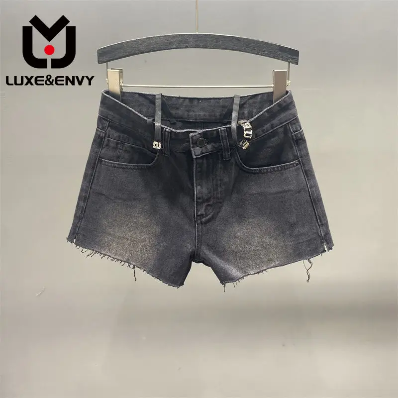 

LUXE&ENVY 2023 Summer New Versatile Mid Waist Denim Shorts Women's Slim A-line Spicy Girls Wide Leg Hot Pants