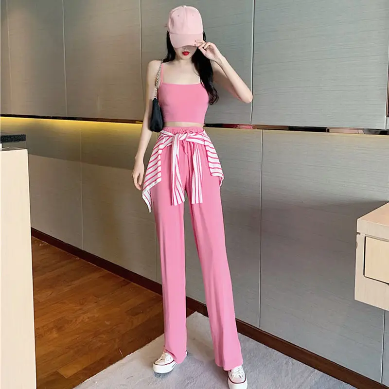 

Женский комплект из 3 предметов, полосатая Солнцезащитная рубашка с топом и брюки с широкими штанинами, весна-лето 2022