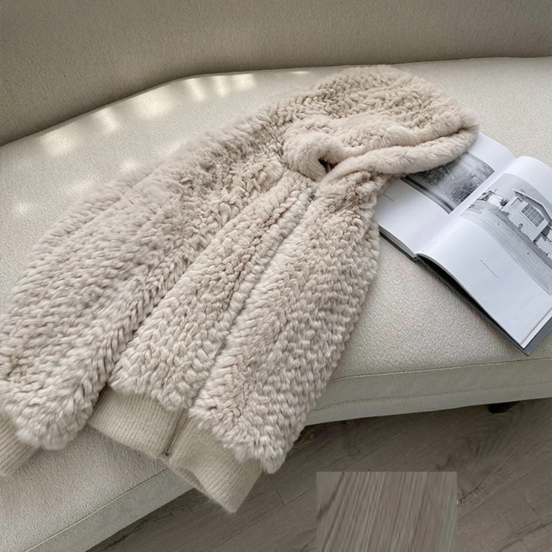 Faux Fur Coat Women White Faux Rabbit Fur Hoodie 2022 New Winter High Quality Fleece Warm Long Fluffy Teddy Jacket Coat