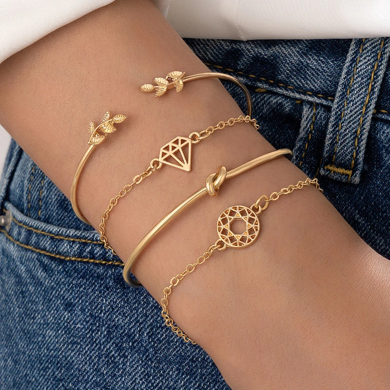 

4pcs/Set Fashion Bohemia Leaf Knot Hand Cuff Link Chain gold Charm Bracelet Bangle for Women Bracelets Femme party Jewelry