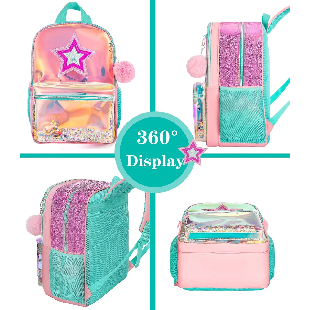 BIKAB School Backpack Girls 16 Inch Girls Backpack Sequin Backpack with Lunch Box Backpack Women Girls School Supplies Set Bags