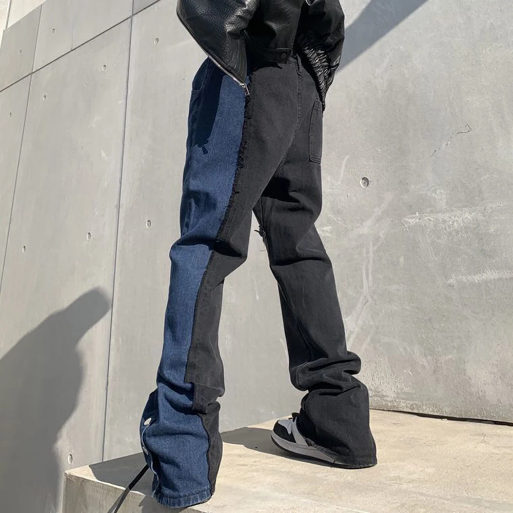 Y2K New Street Hip-hop Loose Jeans Mens Korean Style Fashion Straight Wide-leg Pants Trend Design Niche Splicing Casual Trousers