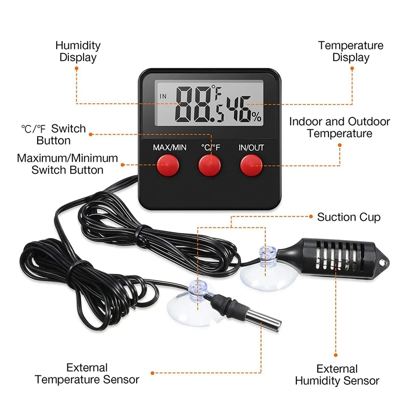 

2 Pieces Digital Reptile Thermometer Hygrometer With Probes Terrarium Reptile Humidity Gauge Indoor Outdoor Digital