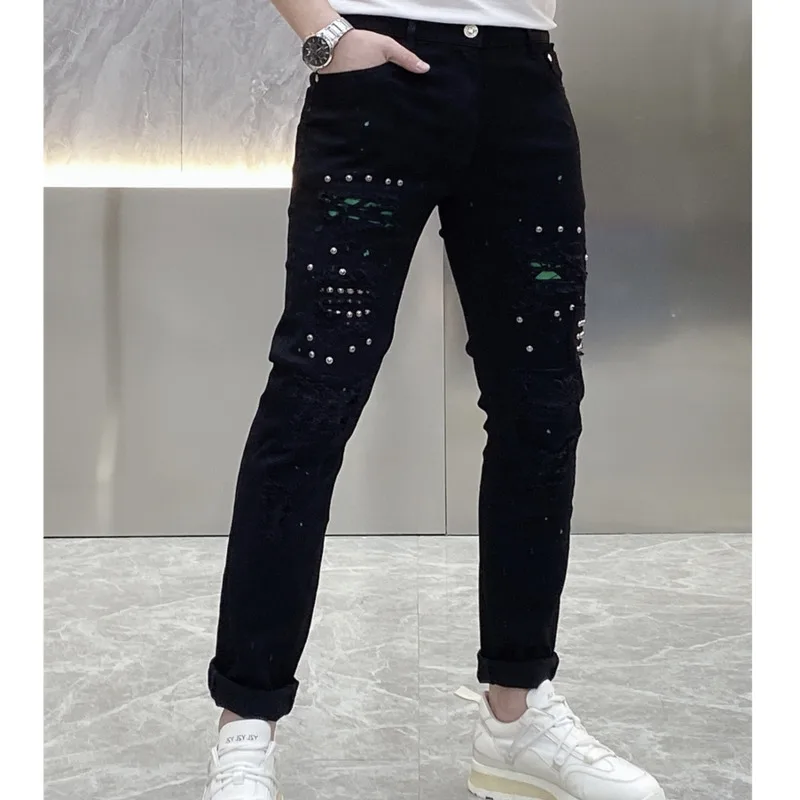 

Весна 2022, Индивидуальные Заклепки, тяжелая промышленность, трендовые перфорированные черные леггинсы, мужские высококачественные новые ев...