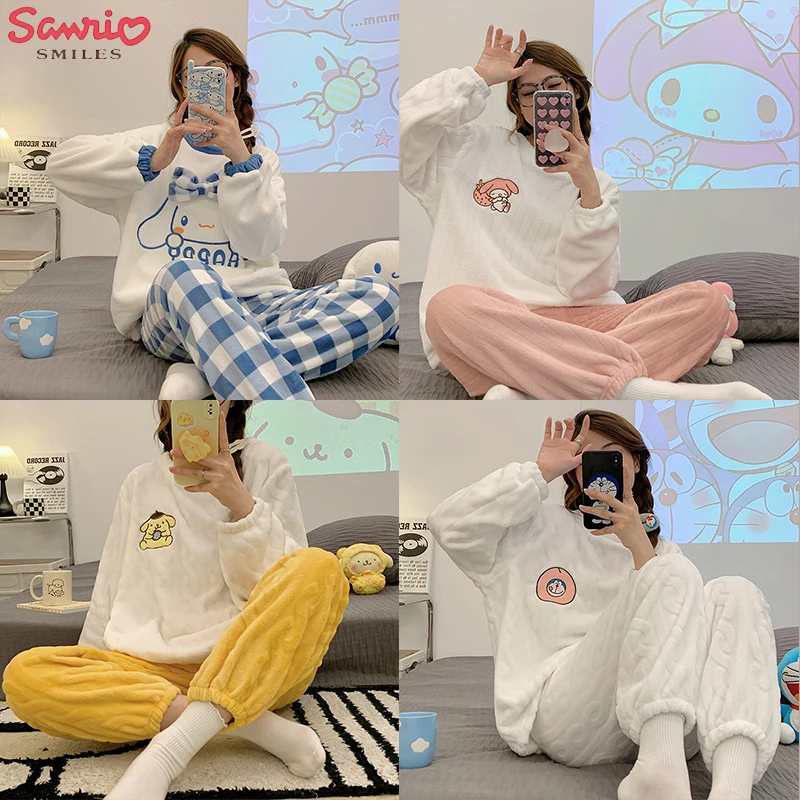

Новинка 2022, пижама Cinnamoroll из кораллового флиса My Melody, милая Аниме Пижама Sanrios в стиле Ins, Свободный Повседневный мягкий плотный комплект, Рожд...