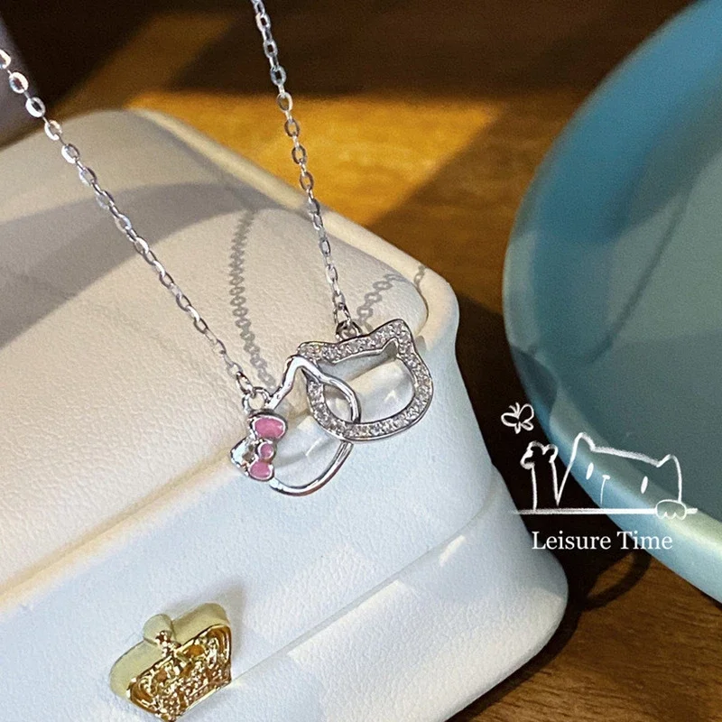 

Heartbeat moment kitty double ring necklace heart-to-heart Hello Kitty flash diamond necklace cute girl birthday gift hot sale
