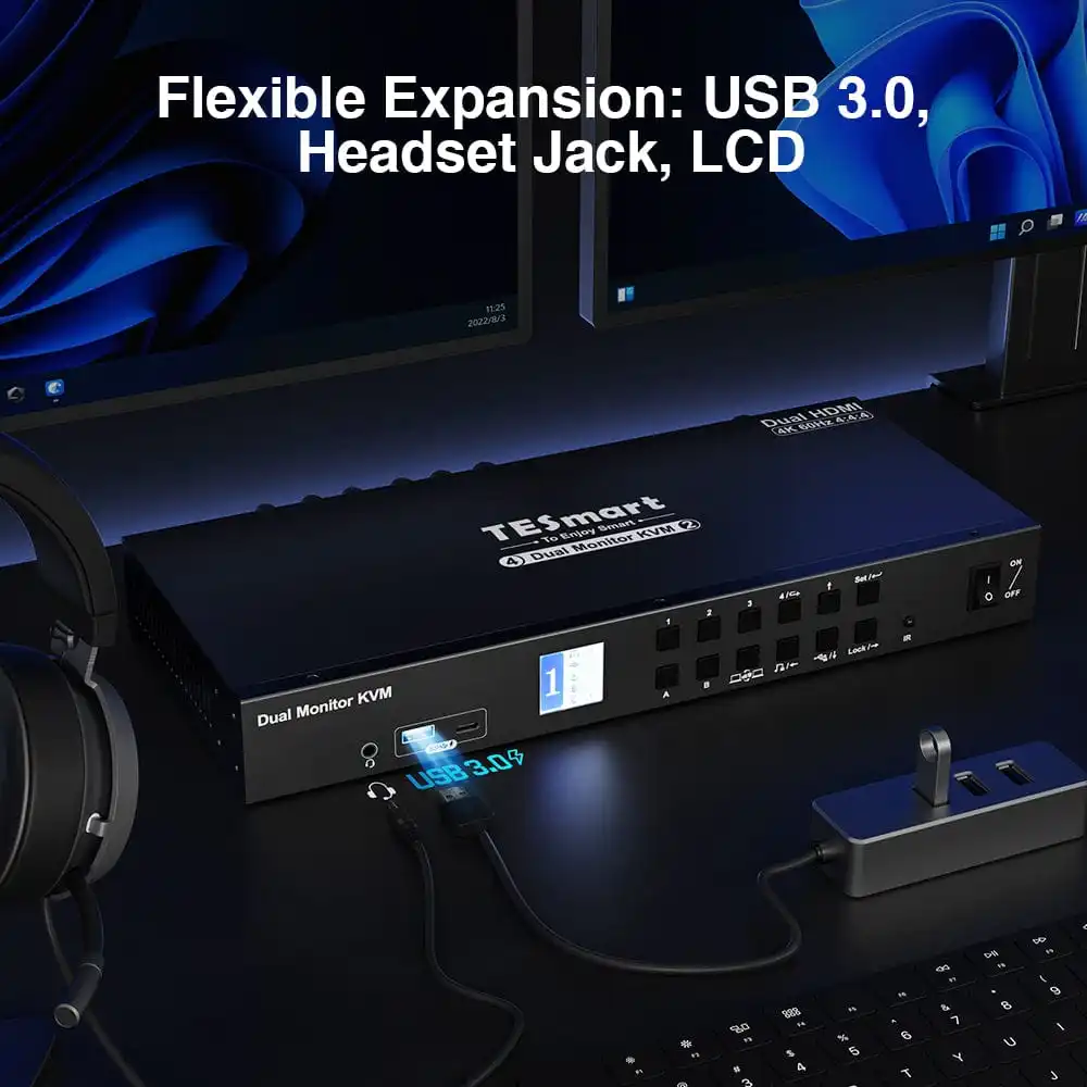4-портовый комплект KVM-переключателя с двумя мониторами HDMI 4K60 Гц док-станцией USB 3.0