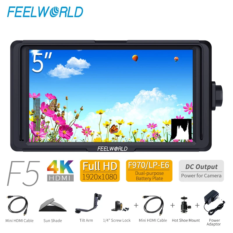 

FEELWORLD F5 5 inch DSLR On Camera Field Monitor Small Full HD 1920x1080 IPS Video Focus with 4K HDMI DC Output Tilt Arm