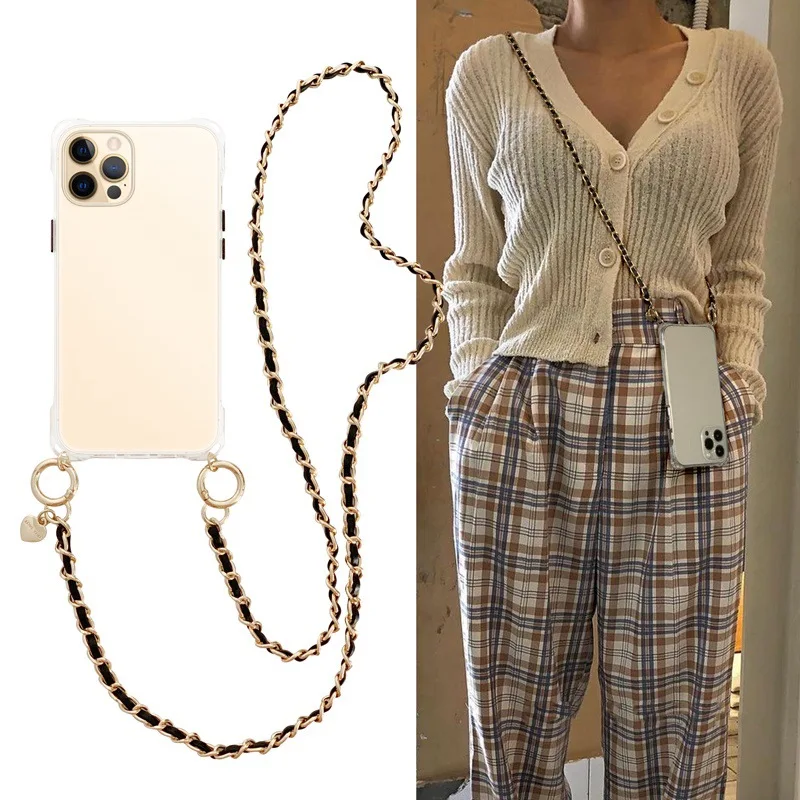 

Ins Transparent strap Chain With LOVE You Necklace Cell Phone Case Coque For iPhone 13 12 11 Pro 7 8 8Plus XR XS Max Soft Cover