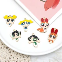 10pcs powerpuff girls alloy drop oil diy jewelry accessories japanese cartoon anime cute q version pendant necklace pendant