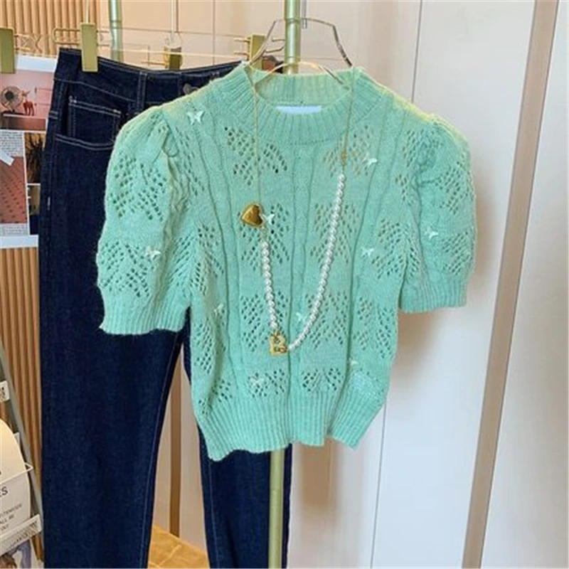 Зеленые вязаные топы женские короткие рубашки с вырезами Нежная Милая Корейская