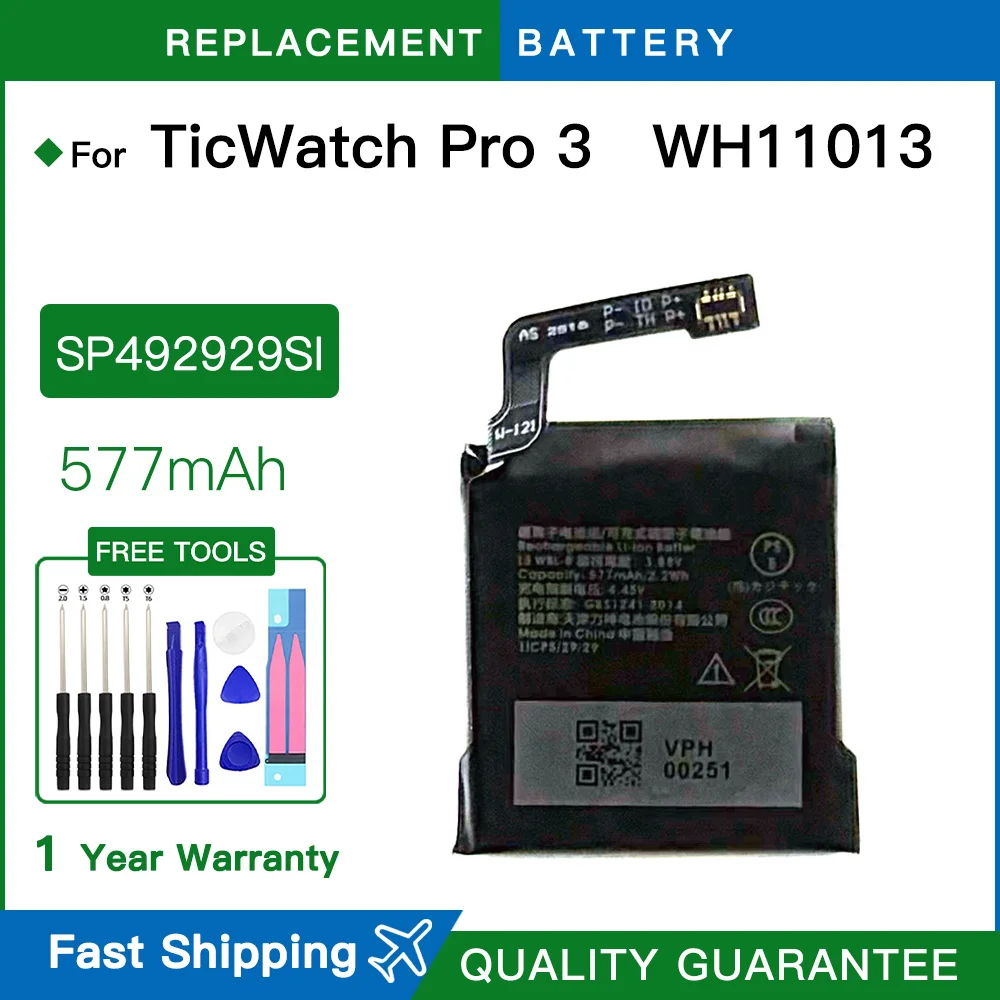 Фото Сменный аккумулятор SP492929SI 3.88V 577mAh для TicWatch Pro 3, GPS-батарея для смарт-часов Wear OS, аккумуляторы WH11013 + инструменты №1
