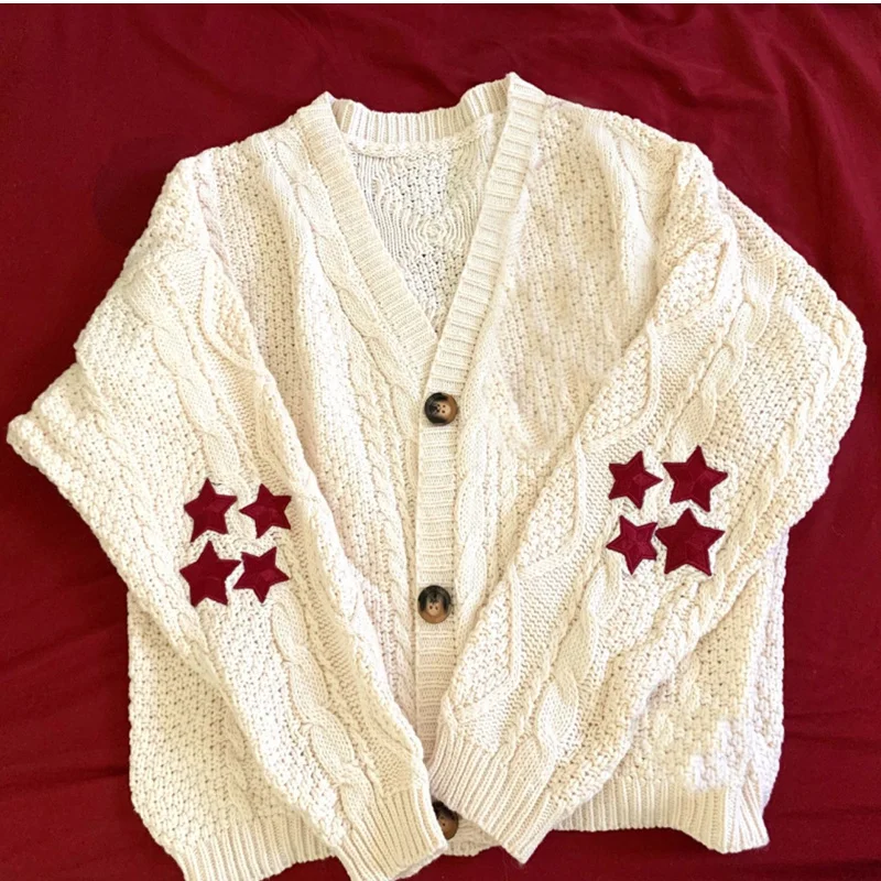 

High Quality Long Sleeves Loose Tay Women Red Star Embroidered Cardigan Lor Holiday Tops Warm Swift V-neck Knitted Sweater 2023