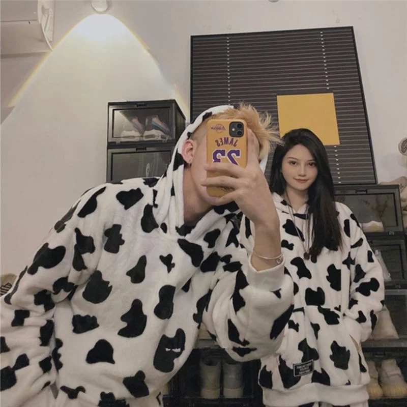 QWEEK Cow Print Coral Fleece Hooded Pajama Set Women Couple Pijama Winter Kawaii Sleepwear Female Negligee Pyjama Loungewear Pjs