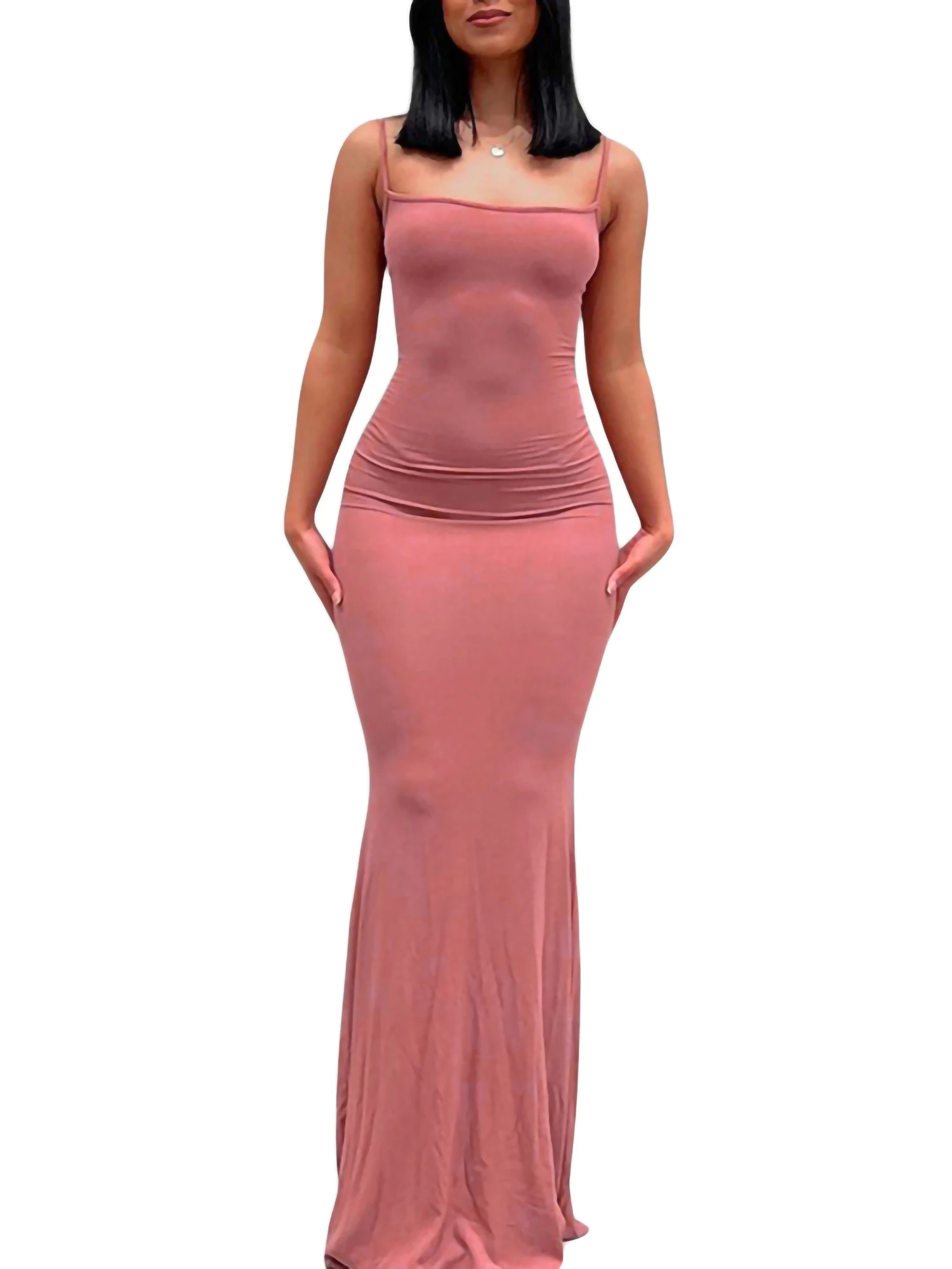 

Women Tube Top Long Dress Sexy Low Cut Spaghetti Straps Dress Sleeveless Backless Hip Wrap Bodycon Dress
