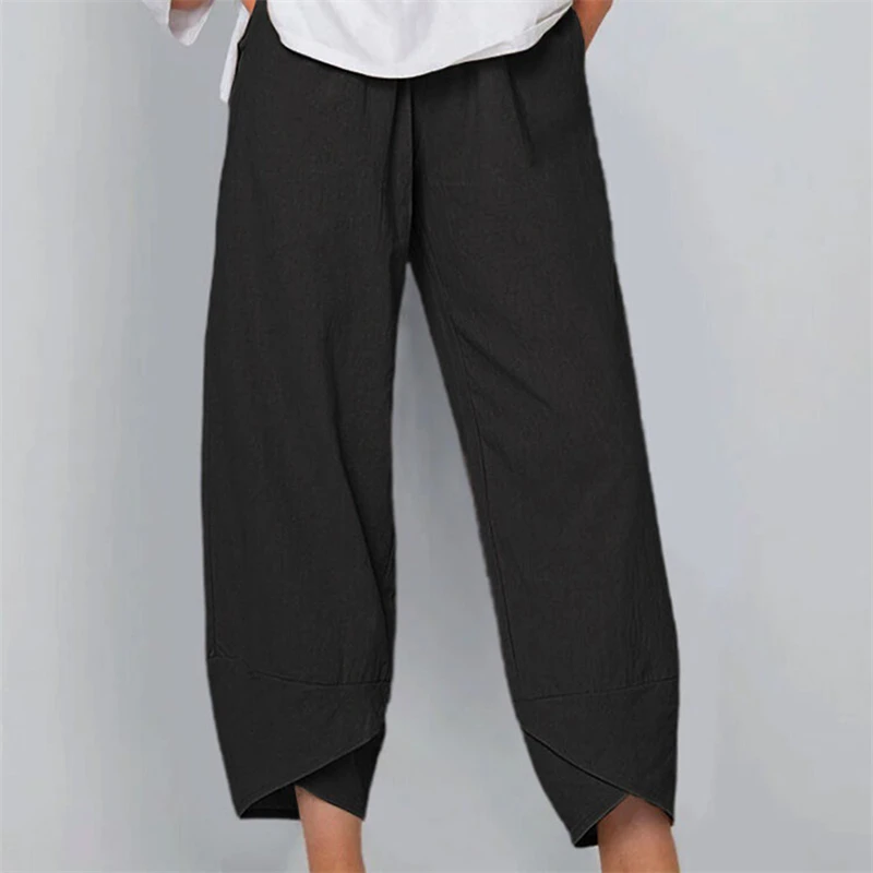 

Брюки-султанки женские с винтажным принтом, повседневные хлопково-льняные широкие штаны с эластичным поясом, свободные брюки, лето
