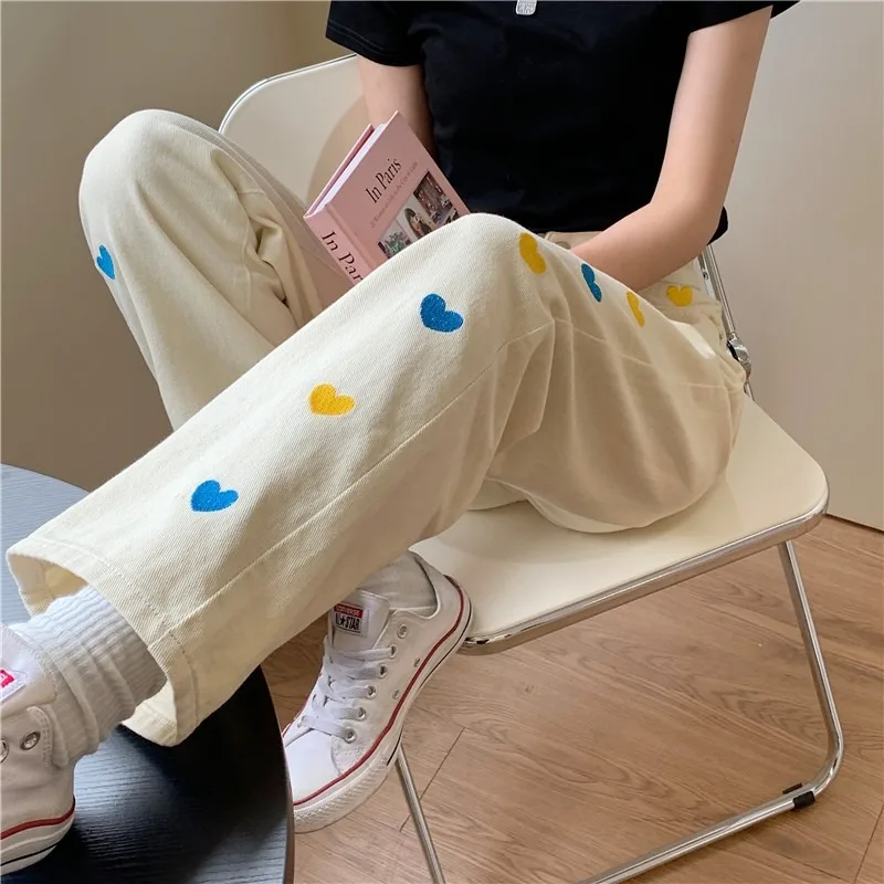 Women's High Waist Love Embroidery Pattern Jeans Y2k Spring 2021 New Tube Loose Straight New Retro Wide Leg Pants Denim Retro