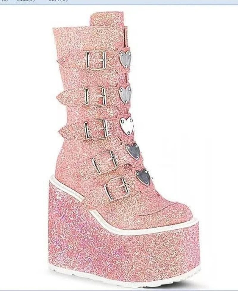 

Women Boots 2022 Thick-soled Heart-shaped Buckle Mid-tube Sequined High-rise Shoes European and American Large Size Boots Mujer