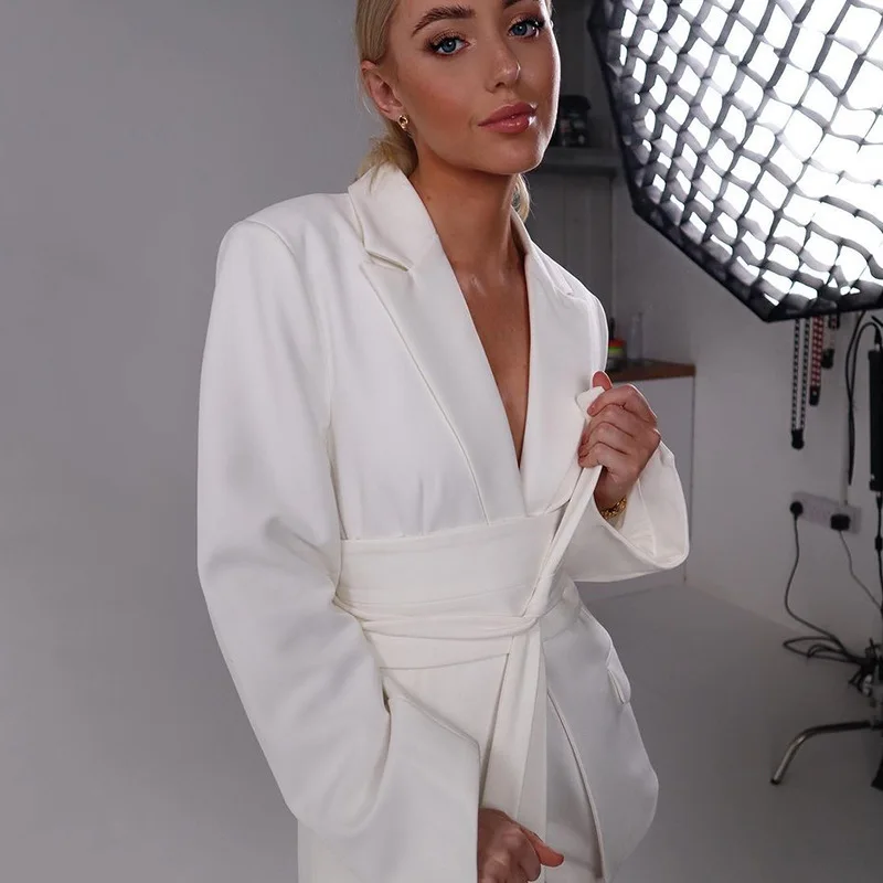 Blazer for Women 2023 New Fashion Solid Color Long-sleeved Cardigan Strap Jacket for Women Cropped Blazer