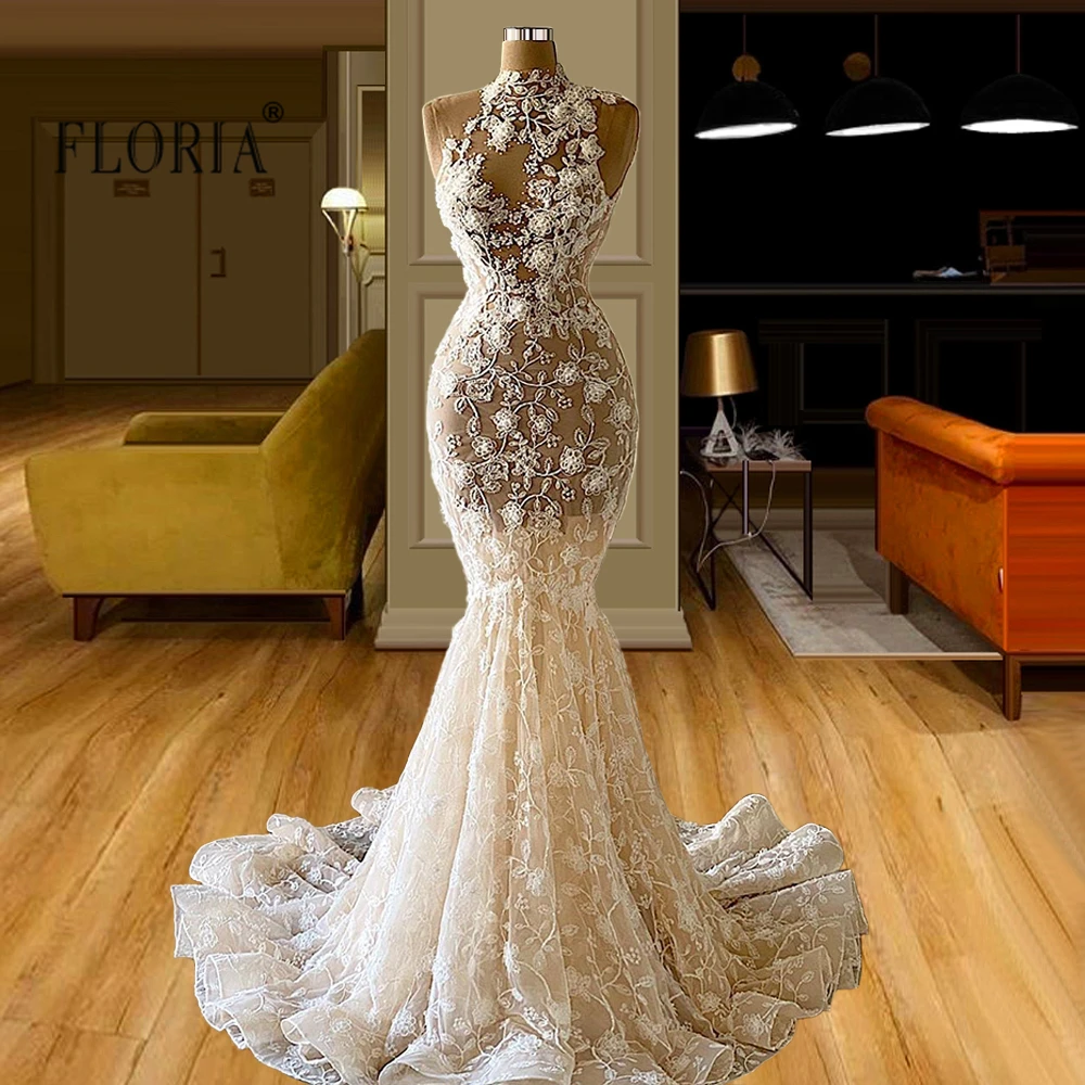 

Arabic Beaded Lace Sweep Train Formal Evening Dress for Party 2022 Women Prom Gowns Robe de Mariage Mermaid Celebrity Dresses