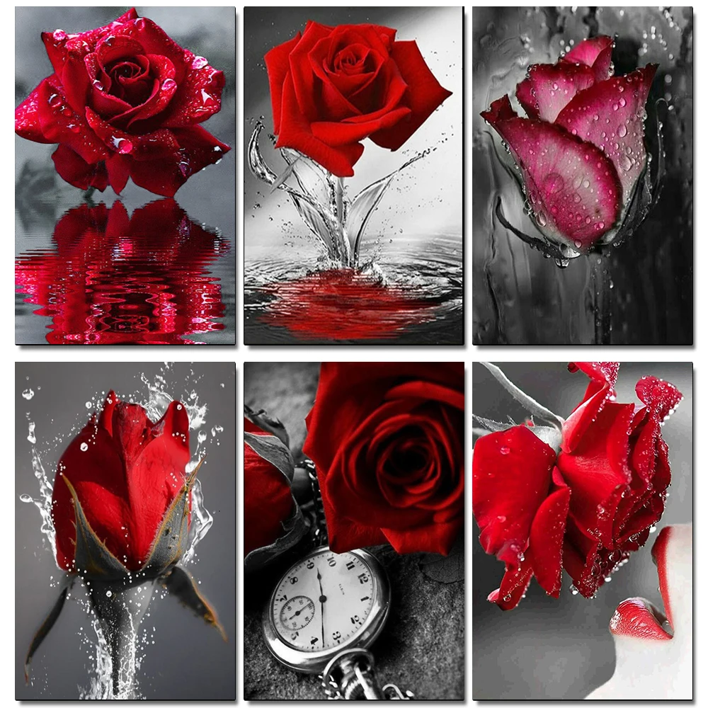 

OLOEY Diamond Mosaic Rose Flower Diamond Painting Black Red Cross Stitch Set Embroidery Needlework Beaded Art Handmade Gift