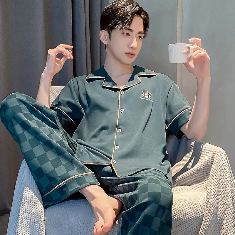 100% Cotton Pajama Sets Trendyol Men V Neck Pijama Sleepwear Casual Short Sleeve Sleep Tops Plaid Pants pyjama ensembles homme