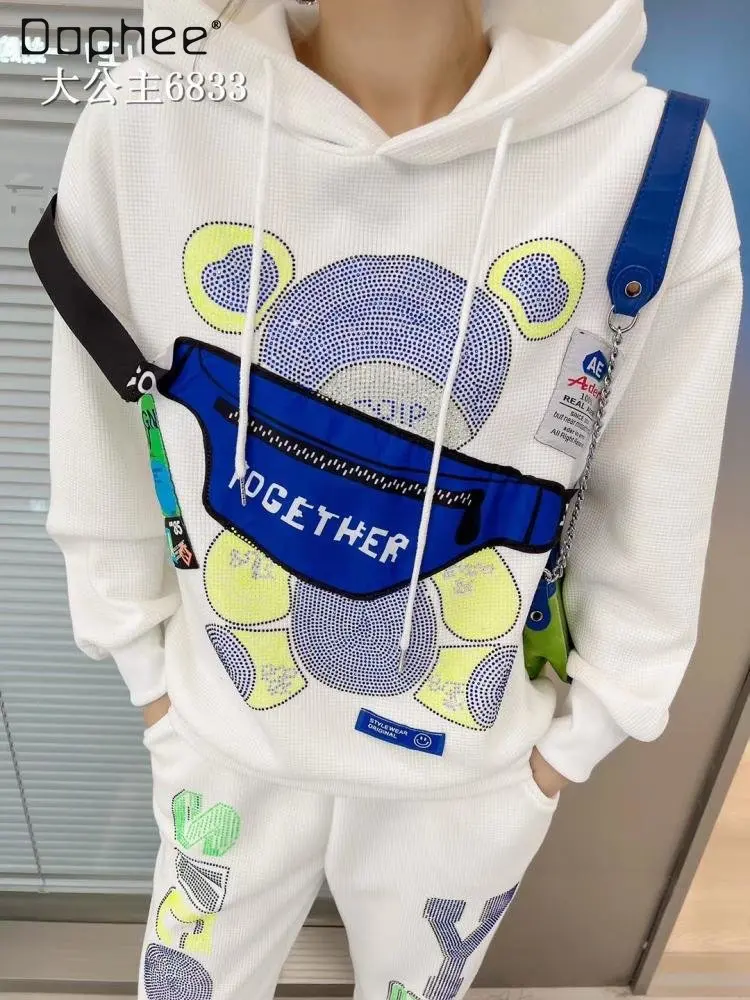 

2022 Winter New Fleece-Lined Thickened Casual Suit Women's Korean-Style Loose Hooded Sweatshirts + Sportswear Two-Piece Suit