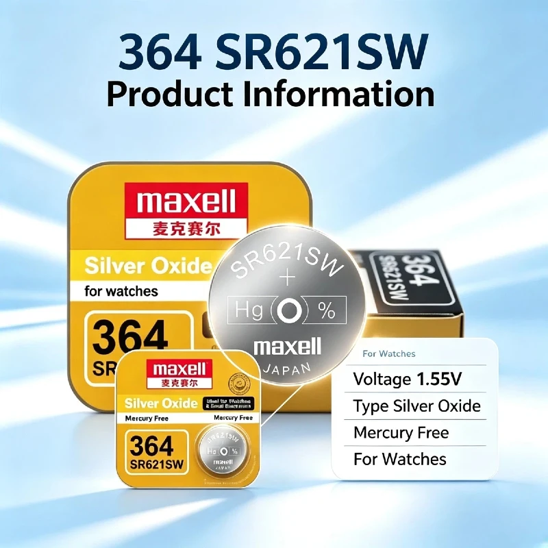 Фото Батарейка-таблетка Maxell AG1 SR621SW из оксида серебра 1.55В LR621 364 CX60 для часов, калькуляторов, игрушек, пультов ДУ, упаковка 5-100 шт. для электроники №1