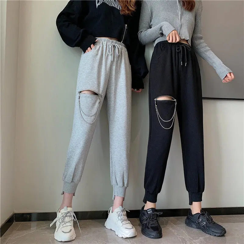 

2022 New High Waist Ripped Harem Pants Women's Hip Hop Loose Women Pants Solid Color Streetwear Chain Fashion Trousers Z25