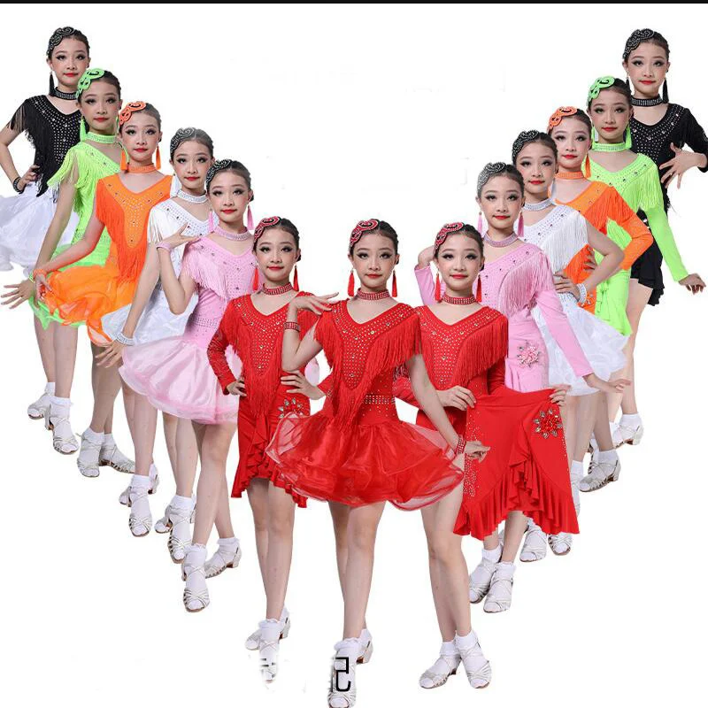 

Girls Ballroom Tassels Sequined Latin Dancing Clothes Kids Rhinestone Salsa Costumes Girls Skating Dance Skirt Dress Clothing
