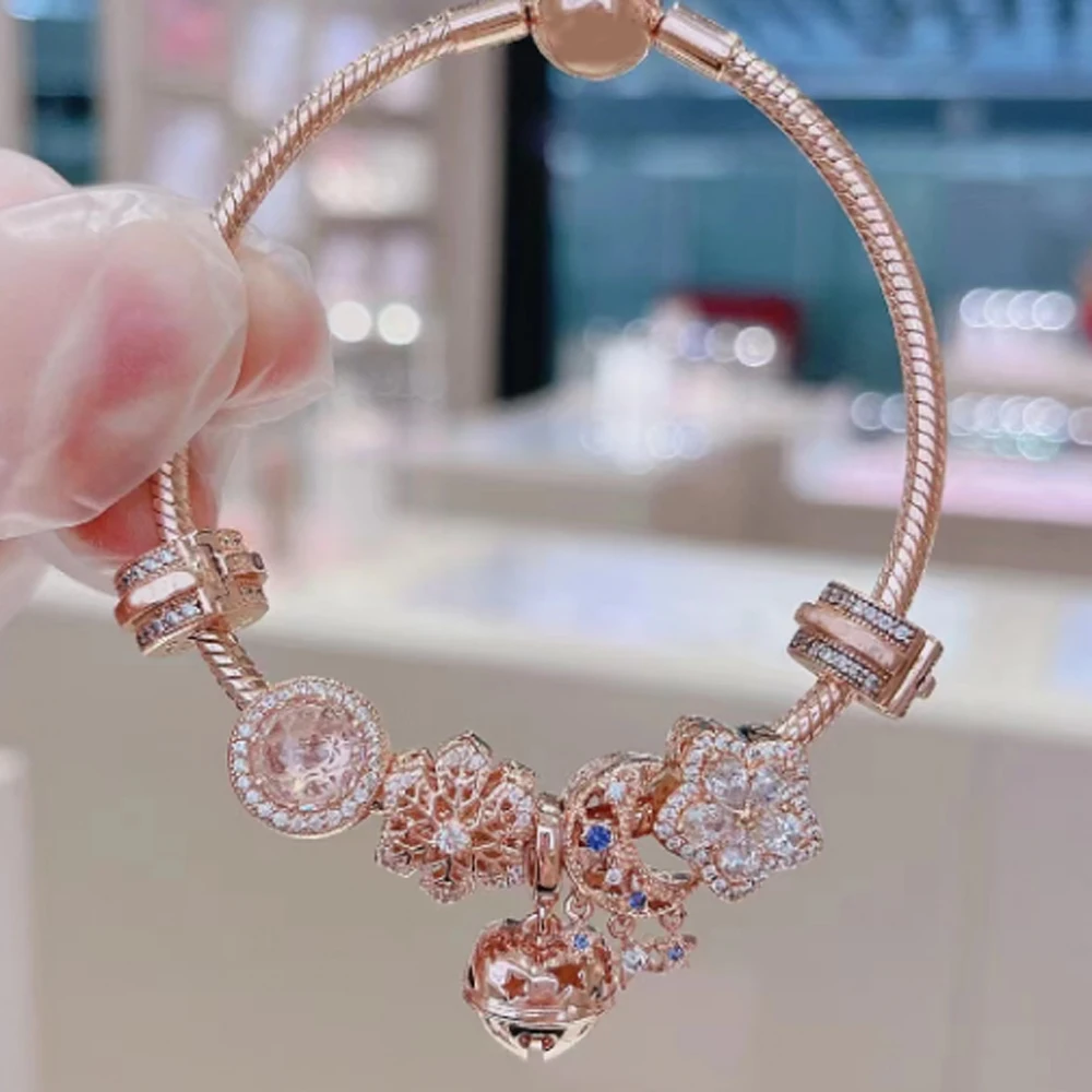 Браслет Pandora из серебра 925 пробы с сияющими снежинками бантами розами крыльями