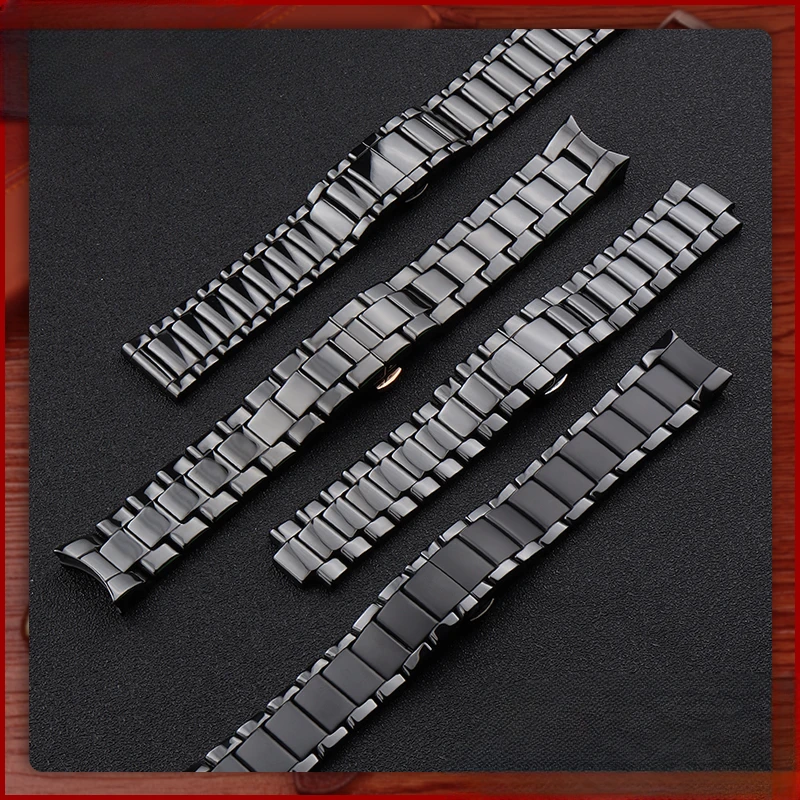 

For Armani Curved interface Watch Strap Ar1451 // 1400 // 1421/1440 Black Ceramics Double Press Buckle Replace Watchbands