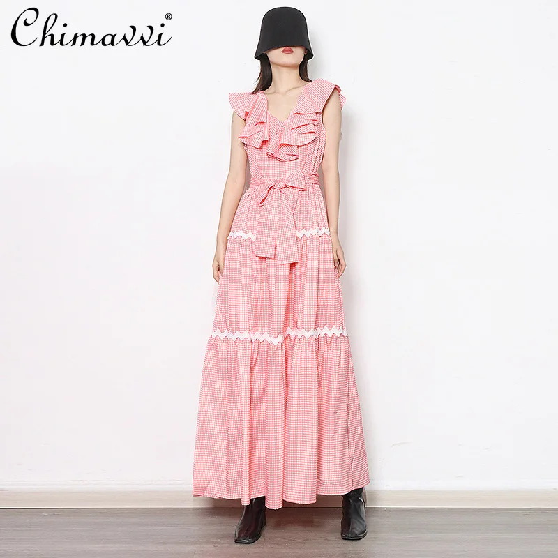 Plaid Princess Dresses 2022 Summer New Fashion V-neck Flounce Stitching High Waist Slimming Large Swing Maxi Dress Women