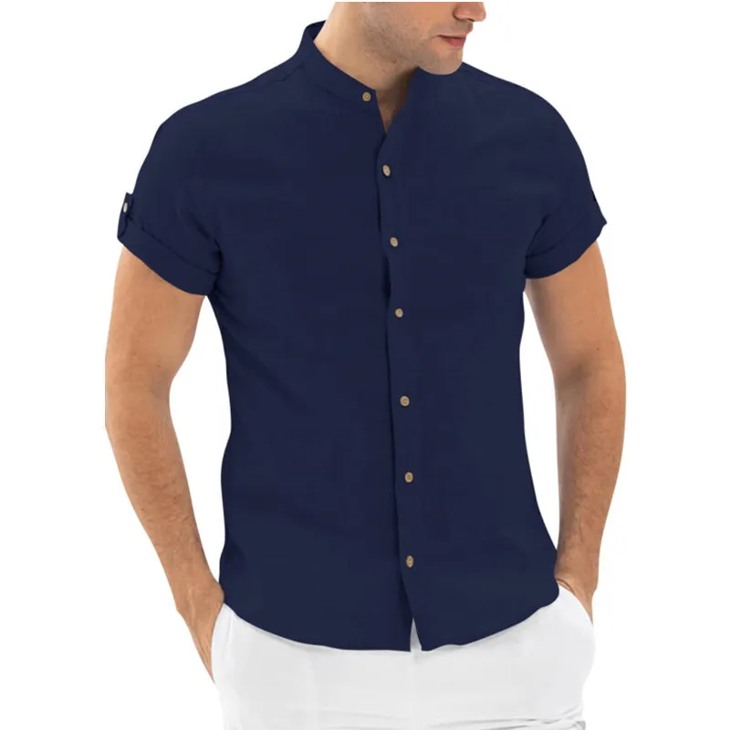 Men's Short Sleeve Cotton Linen Shirts Stand Collar Straight Slim Top Casual Summer Cool Shirts Korean Clothes  Oversized Shirt